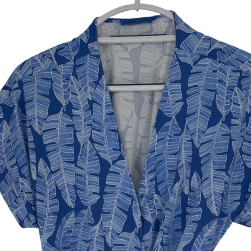 J.McLaughlin Blue White Tropical Leaf Print Wrap Dress Size Large Short Sleeve